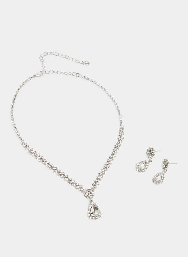 Set of 2 - Silver Crystal Embellished Necklace and Earrings